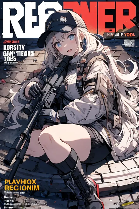 (best quality ), a girl have one rifle with her hand , Platinum color hair , The dreamer wants purplish blue eyes , medium , Lori will do it, (masterpiece:1.2, best quality ), (Beautiful detailed depiction : 1.2), ( beautiful detailed face ), ( small Breas...