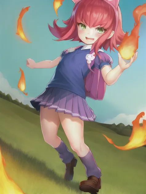 field, grass, sky, annie \(league of legends\), league of legends, 1girl, animal ears, backpack, bag, bangs, fake animal ears, flat chest, green eyes, loafers, looking at viewer, standing, open mouth, pink hair, pleated skirt, puffy short sleeves, puffy sl...