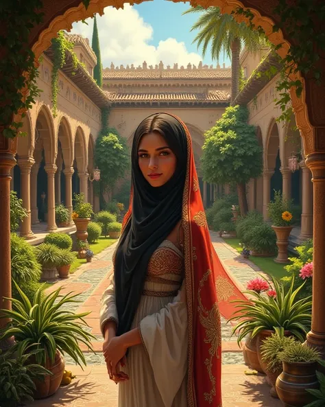 A beautiful woman of Andalusia donning the 7th Century hijab dress, she stands in front of her 7th Century Andalusian design, insanely detailed and intricate front yard garden and other objects, masterpiece professional hyper realistic illustration, Don La...