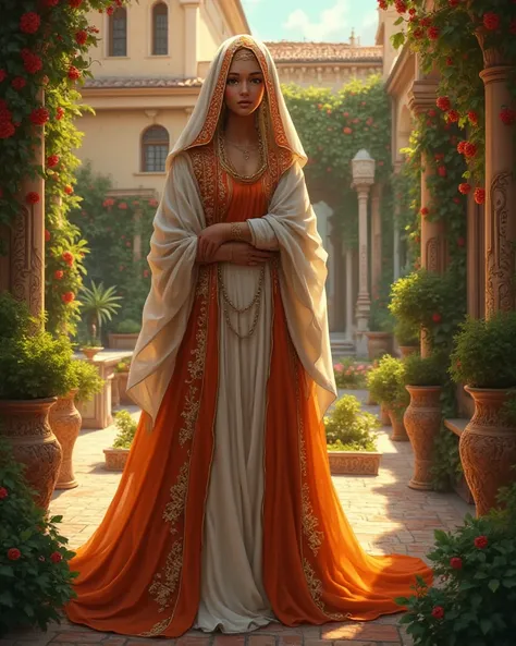 A beautiful woman of Andalusia donning the 7th Century hijab dress, she stands in front of her 7th Century Andalusian design, insanely detailed and intricate front yard garden and other objects, masterpiece professional hyper realistic illustration, Don La...