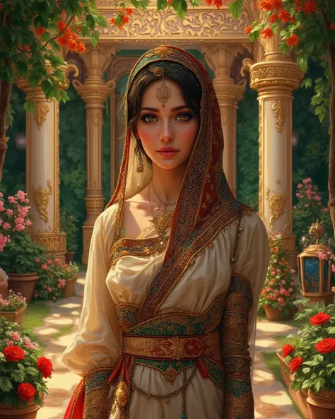 A beautiful woman of Andalusia donning the 7th Century hijab dress, she stands in front of her 7th Century Andalusian design, insanely detailed and intricate front yard garden and other objects, masterpiece professional hyper realistic illustration, Don La...