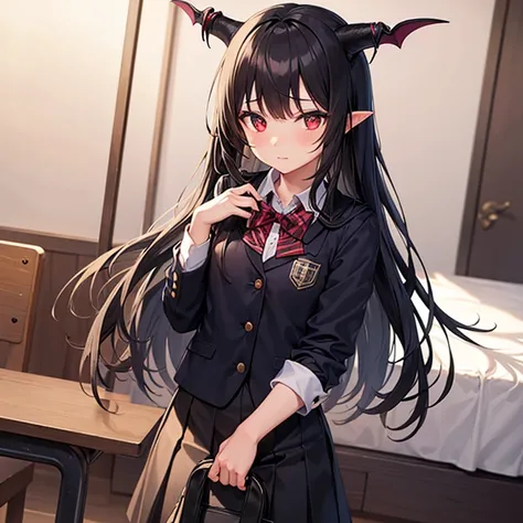 One girl, black hair, , long hair, succubus, small black horns, black devils tail, School uniform, shy, 