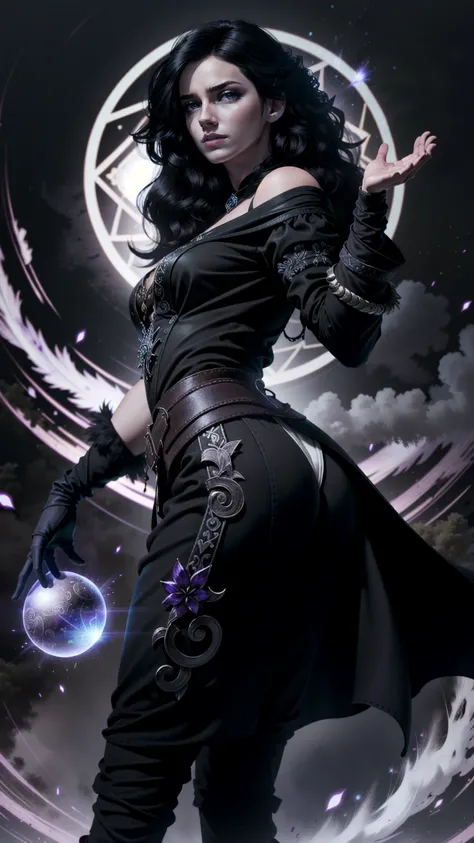 Create a digital illustration of a powerful sorceress inspired by Yennefer from The Witcher. She has striking violet eyes, long flowing raven-black hair, and is dressed in an elegant black and purple gown adorned with intricate magical symbols. Her express...