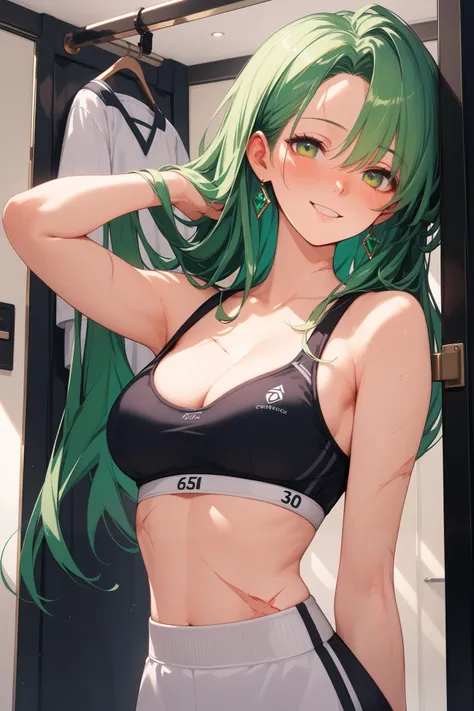 4k anime style, Smooth anime CG, 8k anime, Best quality, High resolution,Superdetail,Perfect light,Back view,ager Anime, Long hair,emerald green hair, medium chest, Beautiful waist,upper body,scars ,burn scars,She wearing  sport bra underwear , black sport...