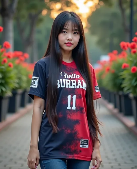   best mobile wallpapers Award-winning portrait wallpapers, the front view is a vertical image., All photos  ,    Southwest Asian girl with a round face   ,Age 25 years,   Sports shirt Football graphic pattern dark blue, red, black, white , "hello buriram ...