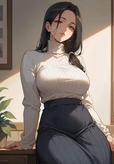 mother, milf, mature female, perfect face, perfect lighting,Black Hair、Straight Hair、Long hair tied in a low position、sexy female, High neck long sleeve white ribbed knit T-shirt(loose)、Long maxi skirt, Sexy