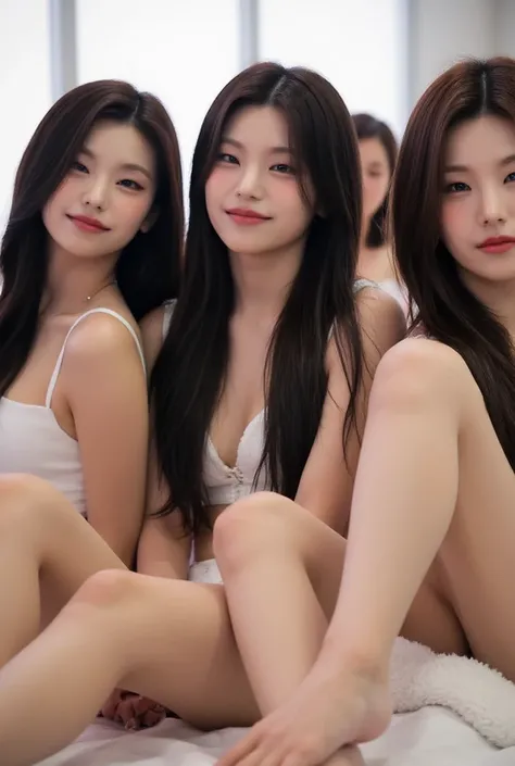 Group of beautiful Japanese girls, smiling cheerfully, slightly plump, long wavy black hair, large breasts, hourglass figure, wearing white see-through underwear, sitting with knees raised on the bed, in the morning atmosphere, full body view looking at th...