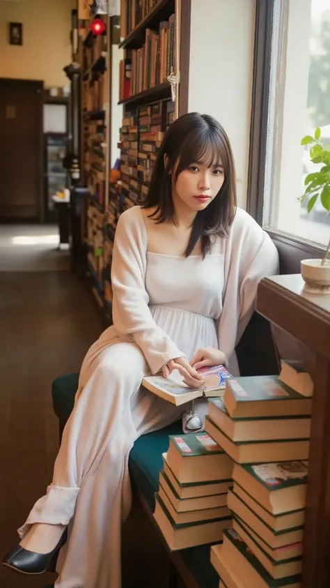 A Japanese girl in her 20s is reading a book in a corner of a bookstore