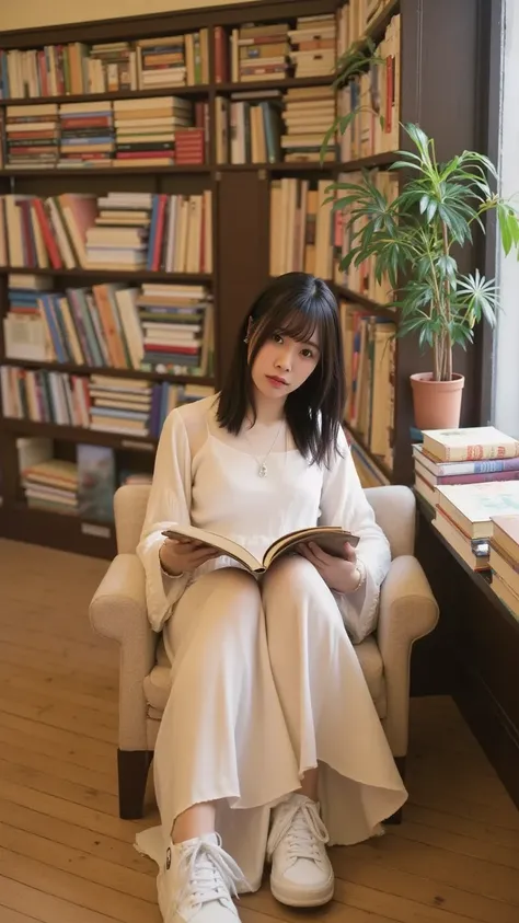 A Japanese girl in her 20s is reading a book in a corner of a bookstore