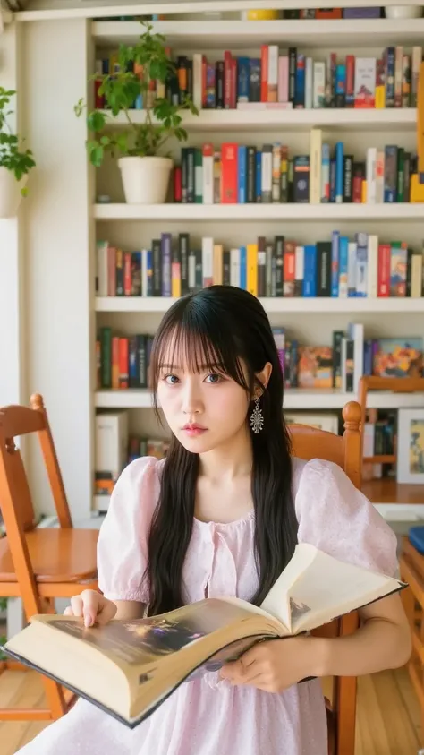 A Japanese girl in her 20s is reading a book in a corner of a bookstore