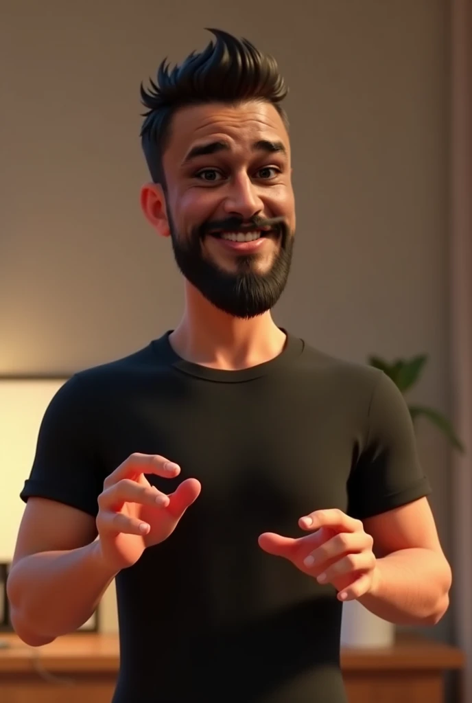 3d pixar style man with short black beard, large forehead, short pompadour hair smiling, wearing black plin t-shirt inside an office. He is speaking making hand gestures, in the style of Frozen movie, in the style of Tangled movie, looking at camera --cref...