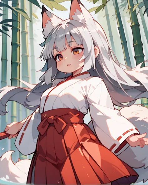  1 girl(masterpiece)、 away from the left and right shrine maiden clothes、 elementary school students(Very young)、A look of pity、shrine(Domestic)、、Bamboo groves left and right、 Witch Uniform(White)、Hakama(red)、large bamboo broom、 silver hair、 long hair(It s...