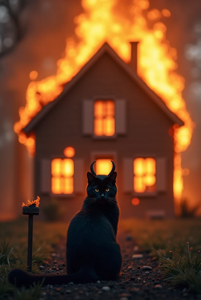 A big house on fire. Blurry background. A black cat with devil horns sitting in front of the house. Cat is watching the house burn down. Black ashes in the air falling down. There is a torch next to the cat. There are people running out of the house. The p...