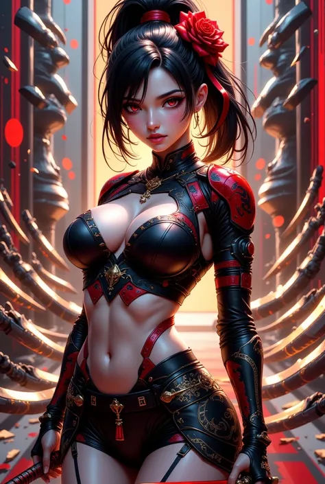 This is a highly detailed digital artwork in a futuristic, anime-inspired style, featuring a female samurai with an otherworldly appearance. She has long, dark hair tied up in a high ponytail adorned with a vibrant red flower, and her skin is pale with a s...