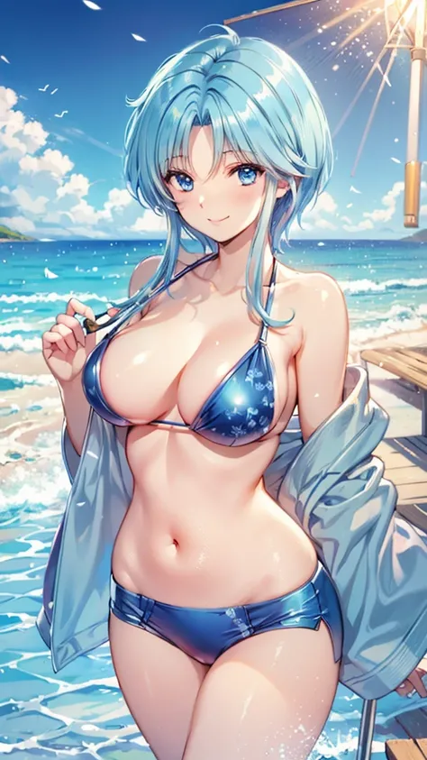    1 woman with an umbrella,  full breasts,  Light Blue Bikini,  Light Blue Hair ,  slim figure ,  Beautiful Waist Line , very cute, Smile, beach
 