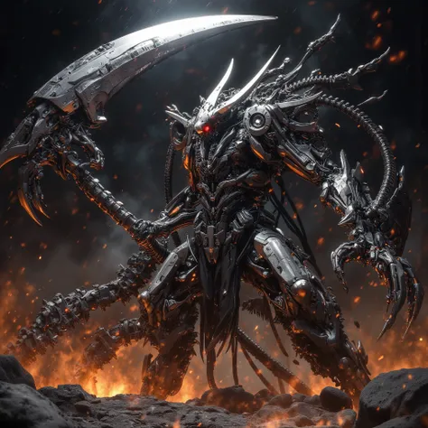 Mechanical demon in battle :  Robust and threatening figure ,  equipped with a hybrid sickle-spear weapon that shines brightly ,  armor composed of gears and technological elements in fusion with demonic organic forms,  fighting in a magma field filled wit...