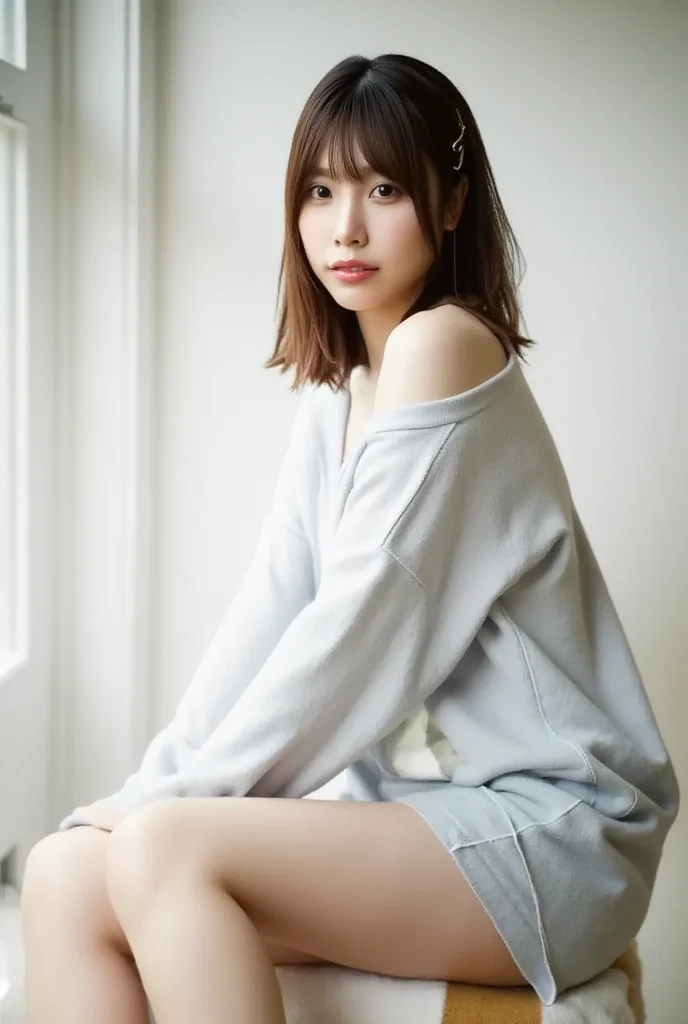     full body shot   、  while sitting and staring,   bend your knees、  while sitting and staring 、I'm wearing off-the-shoulder mini one-piece pajamas  ,   Slender Barefoot   、smile、   monotone background  

