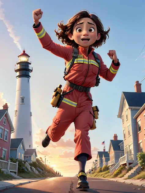 best quality, masterpiece. PIXAR STYLE. Multicolored outfit. Full body image of a middle-aged man (ethnicity: 1.2), (age: 1.1), (body type: 1.1), (pose: 1.2) in red firefighter uniform ( detailed clothing: 1,2), (accessories: 1,1) with dark colored pants a...