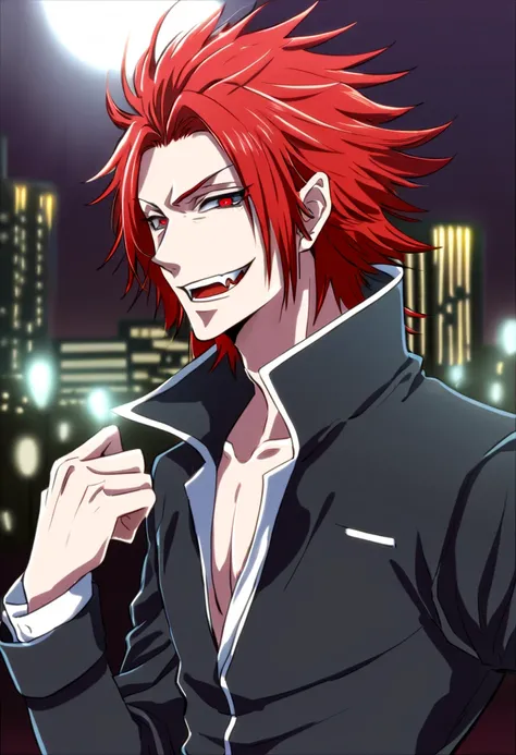 anime character with red hair and a black jacket, with red hair, anime handsome man, male anime character, 1boy, solo, suoh mikoto, k project, (((vampire))), insanity, malkavian, city in background, (night), smirk, cowboy shot, dynamic lighting, messy hair...