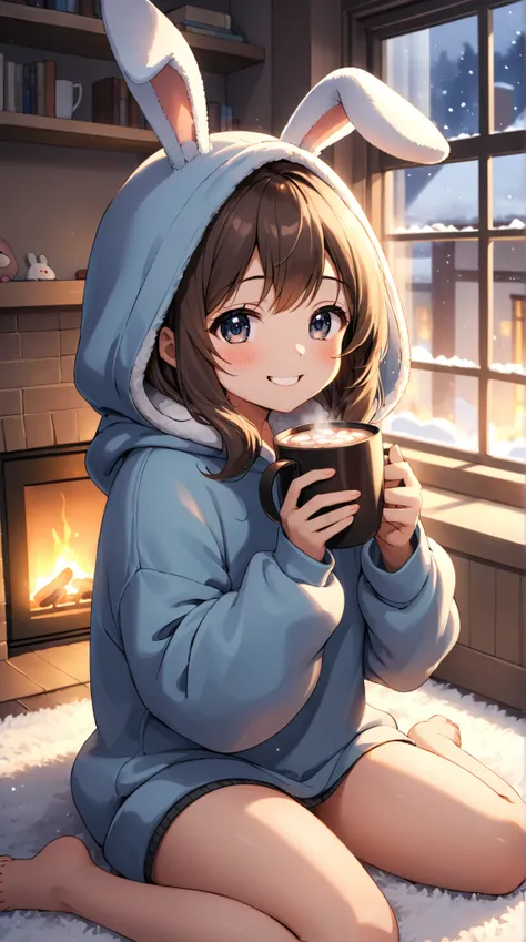 Upper body close-up（((masterpiece),"""A cute and cozy girl wearing an oversized hoodie with floppy bunny ears attached to the hood. She is sitting cross-legged on a fluffy carpet in a warmly lit room, holding a steaming mug of hot cocoa with both hands. He...