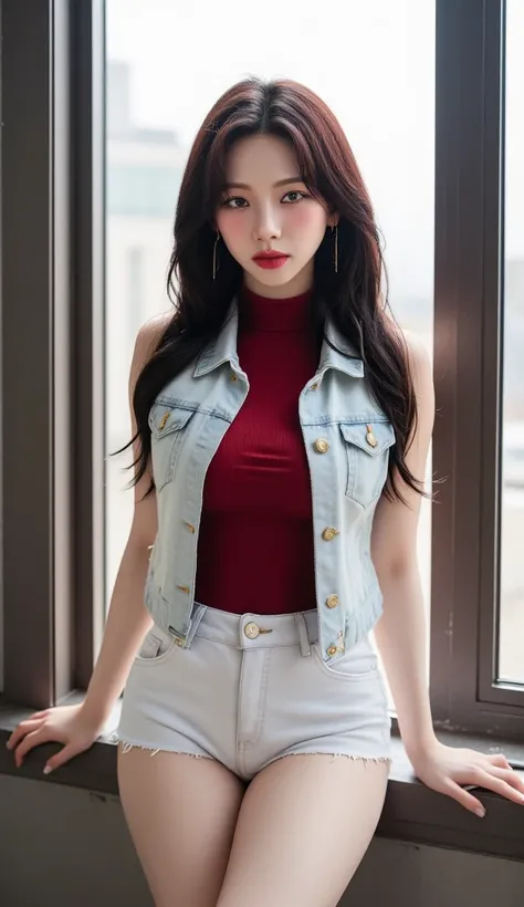 a female student ,  standing by the window, enghadap camera,  using white denim vest with red long sleeve turtle neck t-shirt,  using denim shorts of white color,  big boobs,  flaming red lips 