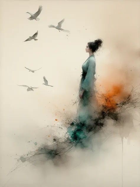 Brush watercolor , of woman,   technique applying soft and blurred lines ,  using gradients and thick lines , beige sketch , Turquesa, gray, orange. And flying seagulls . Artistic,