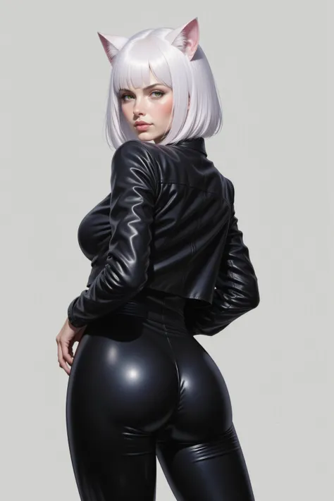 1girl, cat ears, white hair, yellow eyes, pale skin, leather jacket, latex pants, huge ass, look back at viewer, standing, from behind, simple background