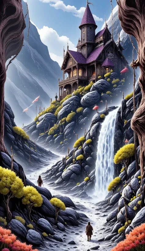 top view of a house , underground city ,dwarf city , amethyst on the roof ,gold mine, underground mining town , Mix of semi-steampunk and fantasy , water line that crosses the city,( best quality skirt,4k,8K,highres, body masterpiece:1.2), ultra detailed ...
