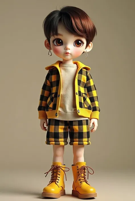 BJD doll boy， an  beautiful boy, red hair，with spider veins on his face, silver dangling earrings, beige long-sleeved shirt, yellow and black plaid long-sleeved sweater, shirt length longer than sweater, shirt sleeves longer than sweater sleeves, large yel...