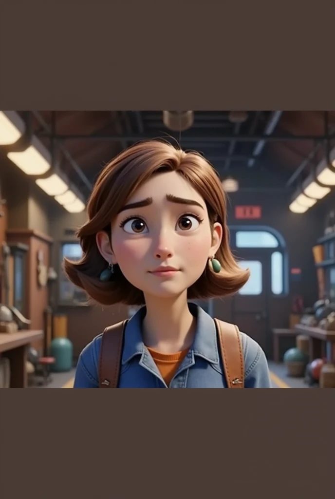 
“A young woman with short brown hair, wearing a denim shirt and green earrings, standing in a warm, cozy workshop with soft overhead lighting. She has a thoughtful expression with subtle blush on her cheeks. The setting includes tools and a train-like int...