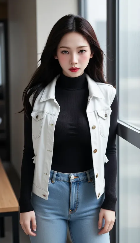 a female student ,  standing by the window, enghadap camera,  using white denim vest with black turtle neck long sleeve t-shirt,  using denim shorts of white color,  big boobs,  flaming red lips 