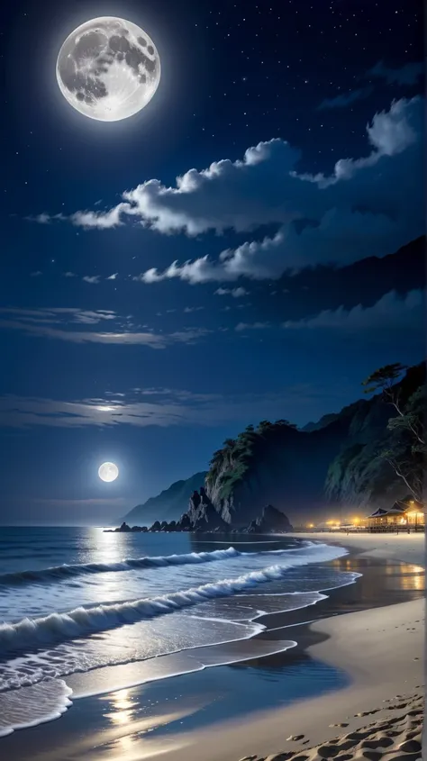 Moonlit Coast。
 Beach at night when the moonlight shines strongly 、Figures are faintly visible 。 The background is slightly foggy,  creates a mysterious atmosphere .。
