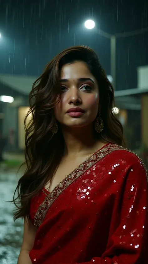 tamannaah crying,  forcefully dragged by the a man by catching her one arm in a rain  and getting herself drenched from the rain water in the middle of a night road,she is wearing red sequin silk shiny saree on a shiny red satin u neck short sleeve blouse,...