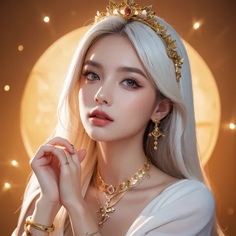  Portrait of the beautiful Snake Princess - a witch girl with snake symbols, Diamond deadadema on the head with a golden snake in the center ! Her precious jewelry - earrings , neck necklace, ring on the finger,  bracelet on her hand - they all have the si...