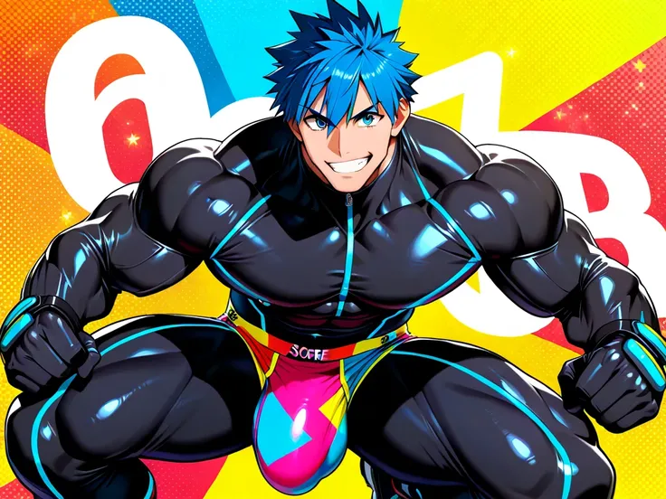 (masterpiece,  best quality), One boy,  boy， manly、Wearing black bodysuit、 Running well、short blue hair ,  colorful boxer briefs are glancing at、smile、 Hyper Big Bulge、 Hyper Big Bulge、 Hyper Big Bulge、 Hyper Big Bulge、 Hyper Big Bulge、 Hyper Big Bulge、 Hy...