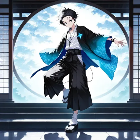 1boy , Shinkai Nagi, 19 years old, masterpiece, best quality, amazing quality, very short black hair, (forehead visible:0.9), slim body, stylish completely wireless bone conduction earphones, gradient haori with detailed seigaiha pattern in blue and white ...