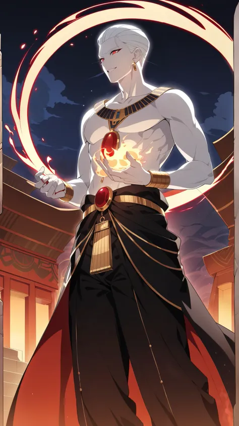 
Pharoah, Handsome, pale white skin, short slicked back white hair. Glowing red demon Eyes, Egyptian Black Velvet Robes, Gold Embroidered Black velvet Egyptian pants. Wears a gold chained glowing Ruby circular Egyptian amulet. Has gold rings. Long ruby ear...