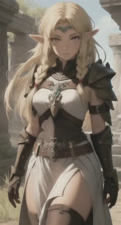 Ancient Hylian, Devine princess, Hylia, blonde, red eyes, bandit braids, looking at viewer, long messy hair, ancient Hyrule, lore accurate ancient leather armor,