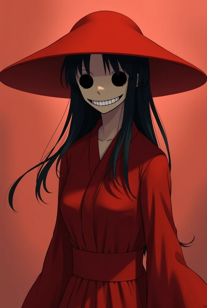  A mysterious Yokai described as a tall and slender female figure ,  dressed completely in red and wearing a wide-brimmed hat .  His face lacks eyes ,  showing only two black holes and a disturbing smile that extends from ear to ear. His hair, characterize...