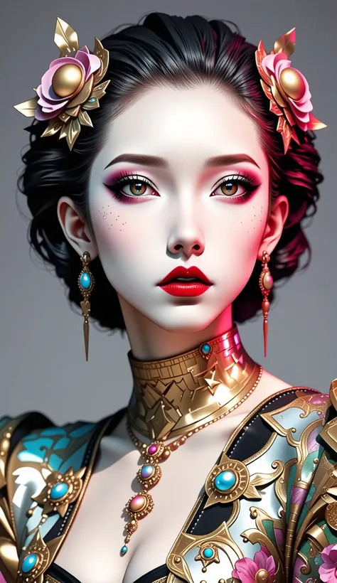 80’s glam rock makeup on shiny face, asian girl, anime, 2.5D, moody lighting, (green, pink, gold), pretty, sexy, minimal, sleek, slender, asian, elegant, futuristic, retro, sophisticated half human half machine, Kizi，(eyes looking off to side), Highly deta...