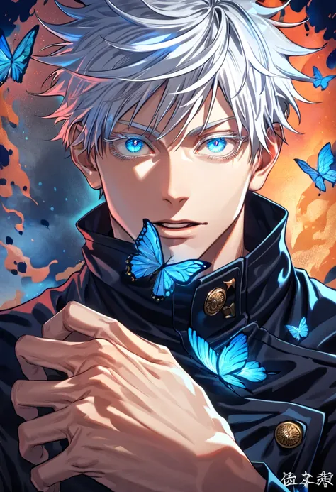 absurdres, highres, ultra detailed, HDR, master piece, best quality, extremely detailed face, delicated features, Gojou Satoru, white hair, expressive blue eyes, white eyelashes, Jujutsu Kaisen, solo, sexy man, handsome, Jujutsu black uniform, black pants,...