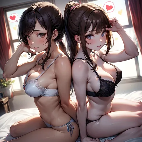 (8k, masterpiece, Best Quality, ultra-detailliert, Professional lighting, beautiful face, game cg), yuri, (full body), ((2girls, group shot)), pale skin, 18 years old, completely nude, (detailed light blue lace bra, detailed side tie panties), (sagging bre...