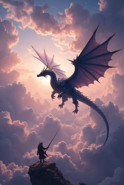  Fantasy 、(The scene where the Dragon Knight fights on the Blue Wyvern) ( Long neck, A cool blue wyvern flying in the sky with wings spread out)(Sunset) high resolution,   High Quality  ,   Ultra-Fine,  texture 、 4K、Cut-in, 360° Field of View, Overlooking,...