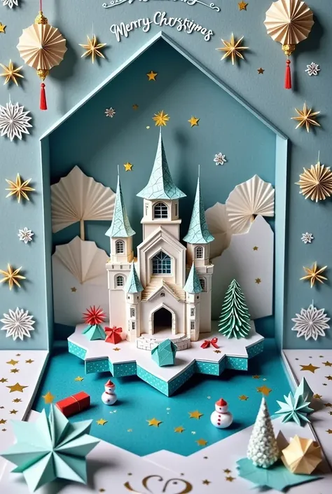 Cardboard art engraving,A realistic close-up photo of a handmade Christmas pop-up card,made entirely from carefully cut and folded paper or card stock. The card opens,revealing an elaborate 3D scene made from layered paper: a magnificent ice castle,surroun...