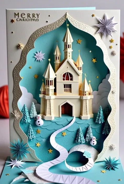 Cardboard art engraving,A realistic close-up photo of a handmade Christmas pop-up card,made entirely from carefully cut and folded paper or card stock. The card opens,revealing an elaborate 3D scene made from layered paper: a magnificent ice castle,surroun...