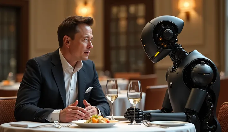 Elon Musk at a restaurant table having dinner together with a Tesla bot gen 2