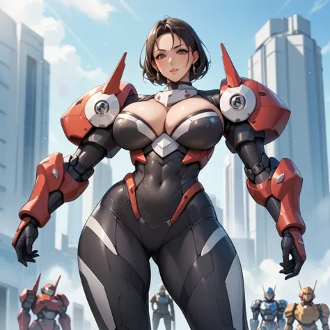 ((thick body mature female from Anime women age 40 super model )) wearing mecha suit armor, cleavage