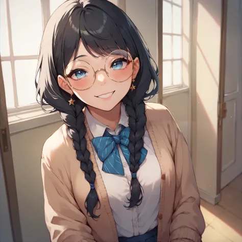 a college female with long black hair that is tied in double braids and light blue eyes. she wears round glasses and is wearing simple clothes while smiling and blushing while standing in a college hallway.