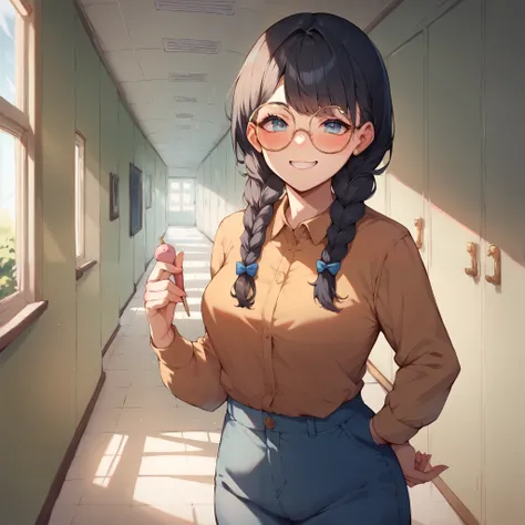 a college female with long black hair that is tied in double braids and light blue eyes. she wears round glasses and is wearing simple clothes while smiling and blushing while standing in a college hallway.