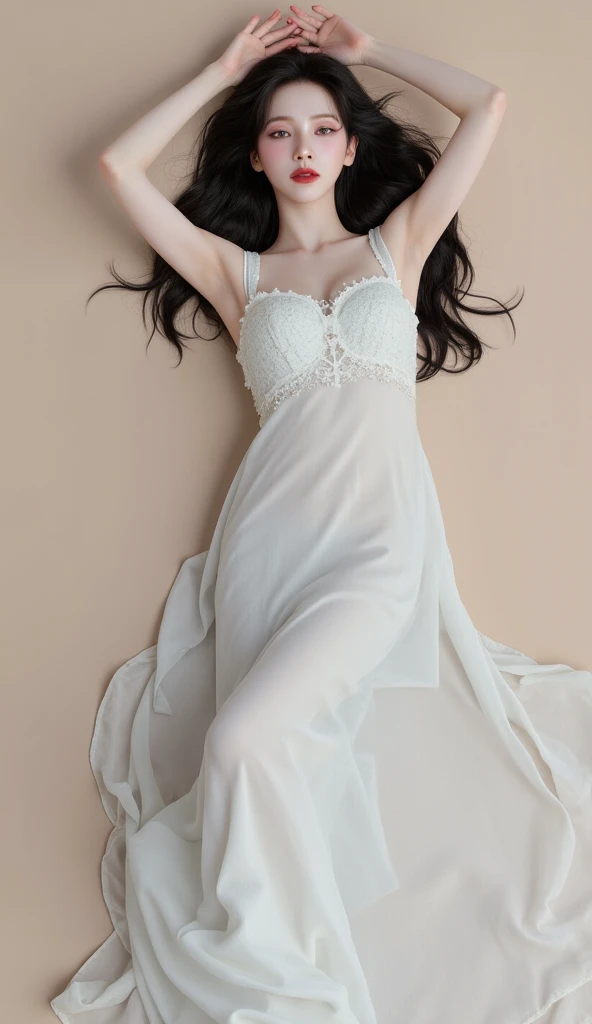  A woman,  sleep on your back with both hands raised up, use a long transparent nightgown to the toe satin material of white color,  big boobs,   red lips